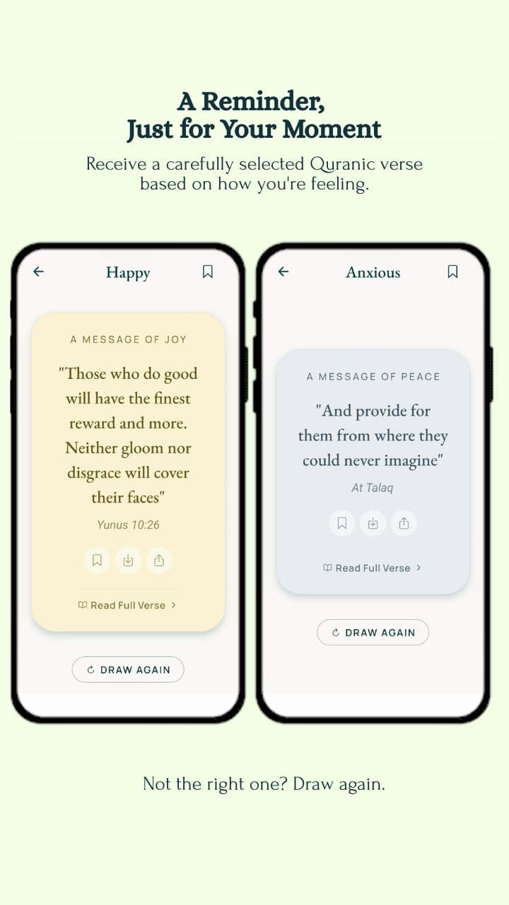 Two app screens showing a Quranic verse card, one for Happy and one for Anxious, each with its reference and a Draw Again button.