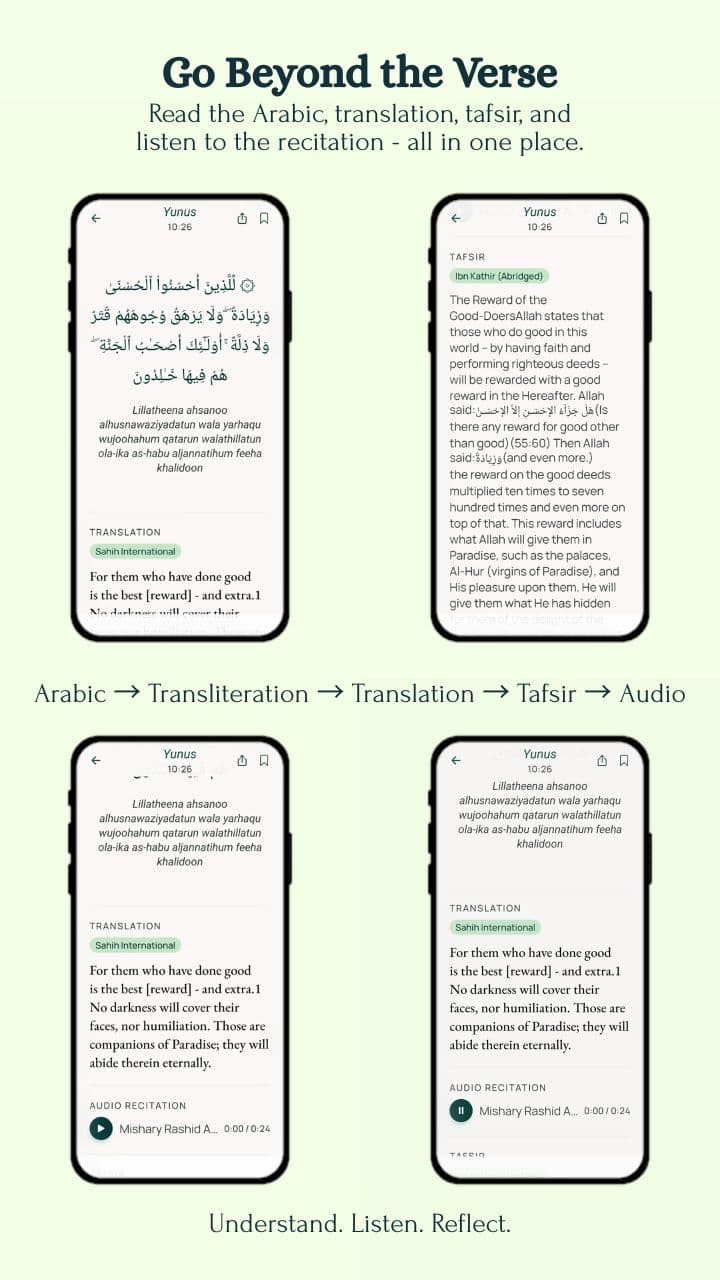 App screens showing a verse with Arabic text, transliteration, the Sahih International translation, Ibn Kathir tafsir and an audio recitation control.