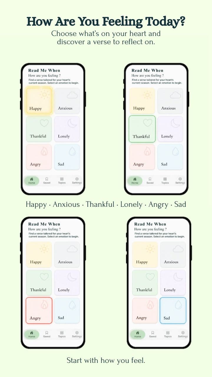 The Read Me When app showing its chooser of six feelings — Happy, Anxious, Thankful, Lonely, Angry, Sad.