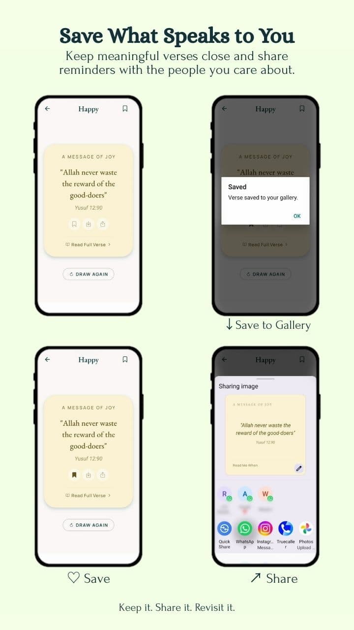 App screens showing a verse being saved to a personal gallery and shared as an image.