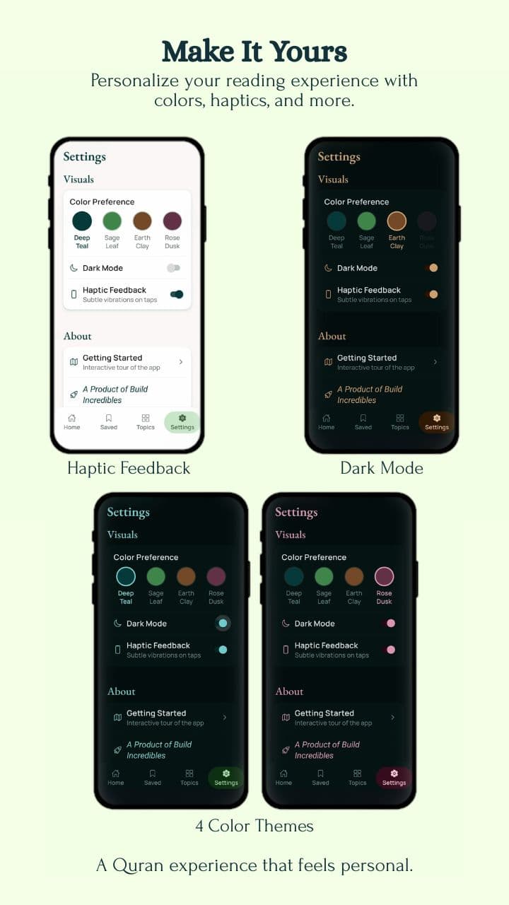 App settings screens showing four colour themes and a dark-mode toggle.